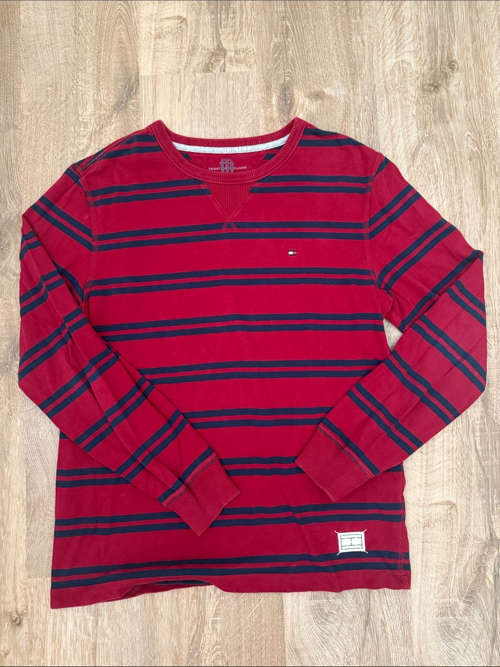 Tommy Hilfiger Men’s Red with Navy Striped Crewneck, Size Medium